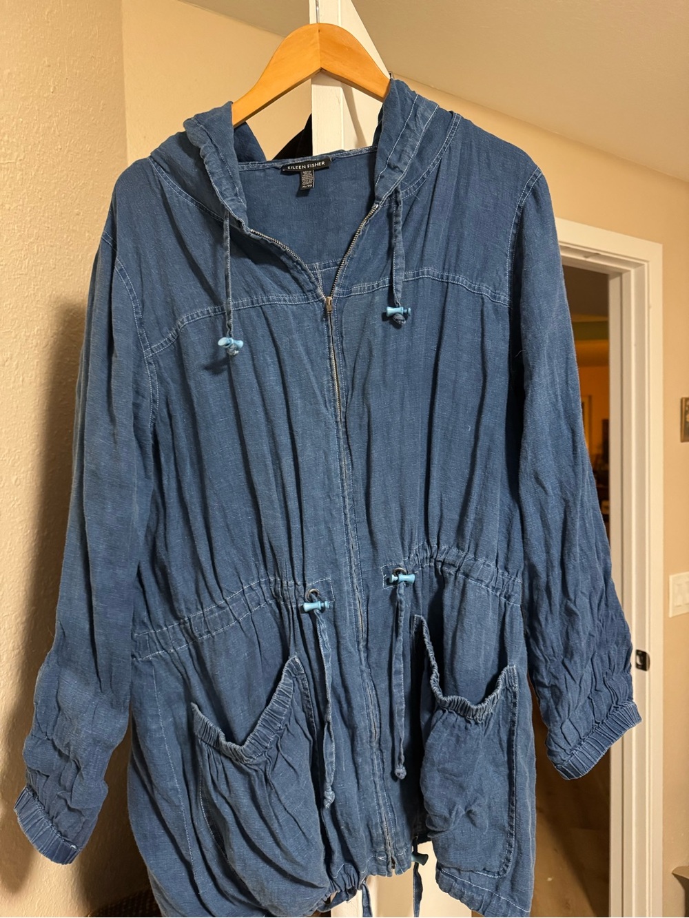 Blue Hooded Drawstring indigo dyed light denim Jacket - Eileen Fisher